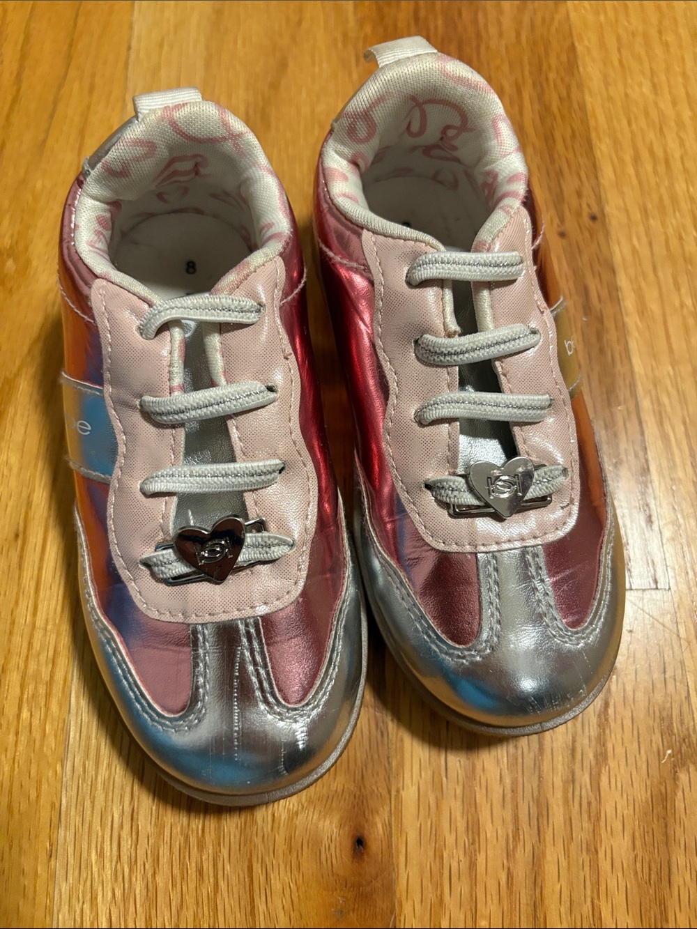 bebe Metallic Pink and Silver Kids Sneakers with Heart Charm